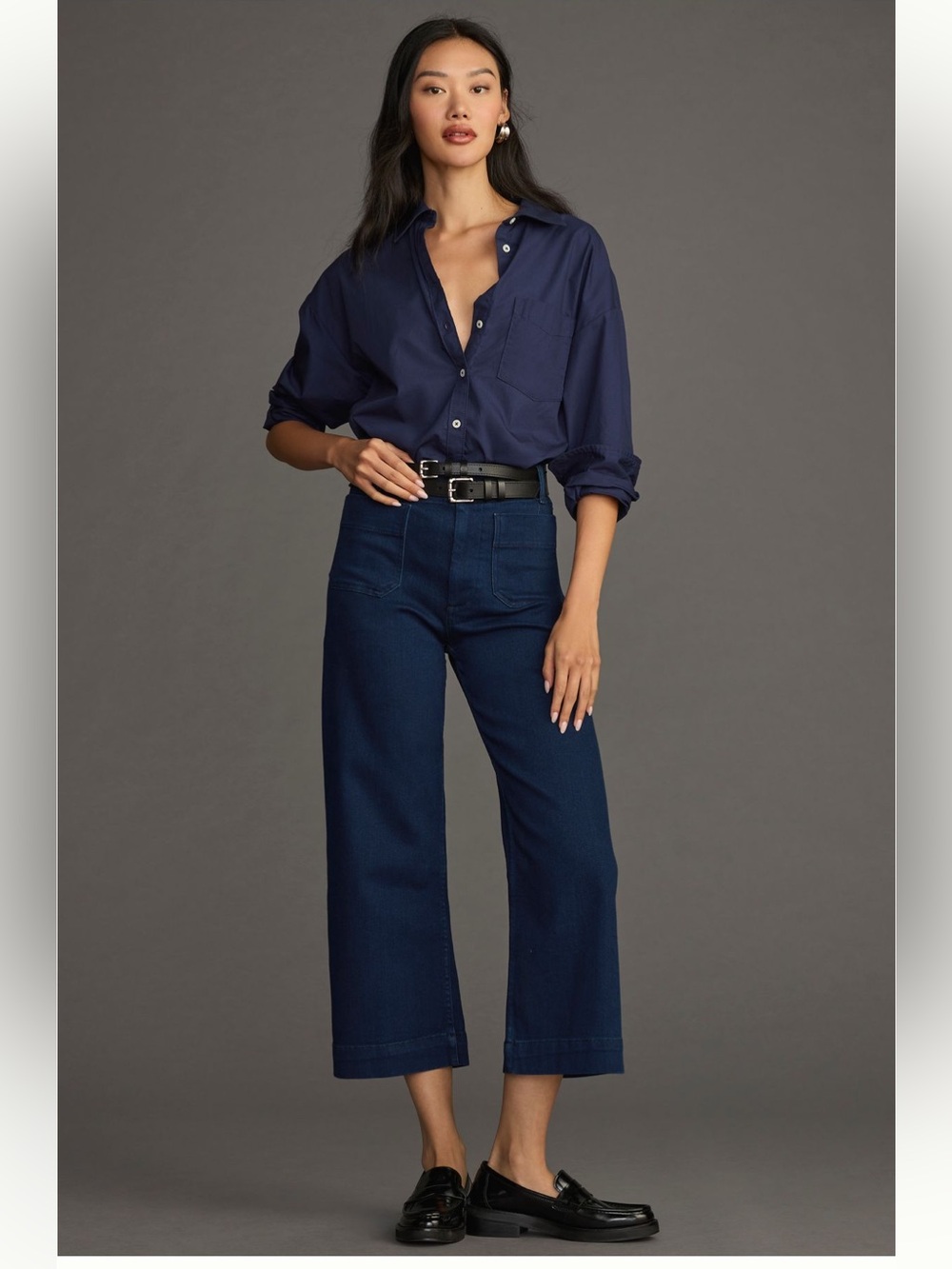 Anthropologie’s Maeve Colette Navy Wide Crop Jeans with Front Patch Pockets